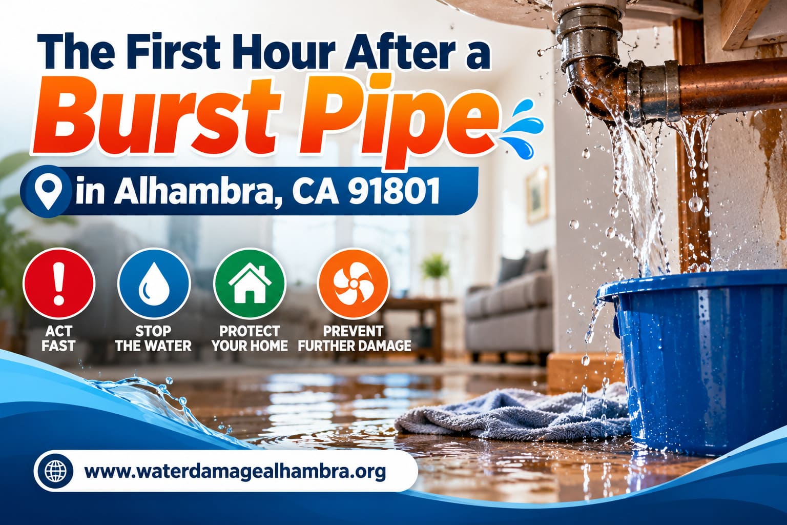 Wet kitchen floor after a burst supply line in an Alhambra, CA 91801 home