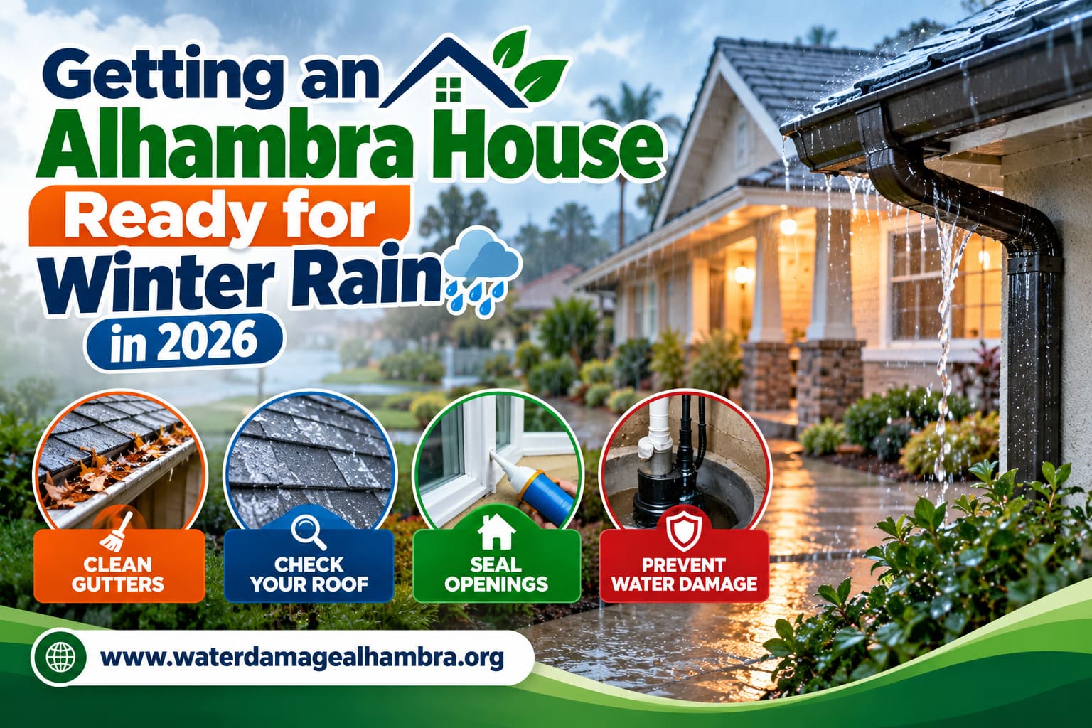 Rain at a tiled roof and front walk of a house in Alhambra, CA 91801