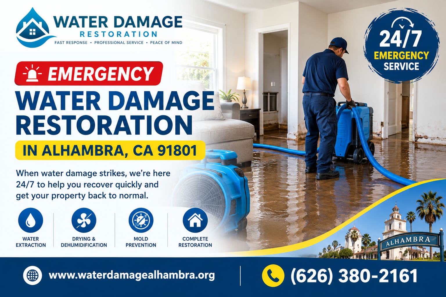 Night emergency water extraction in an Alhambra, CA 91801 house