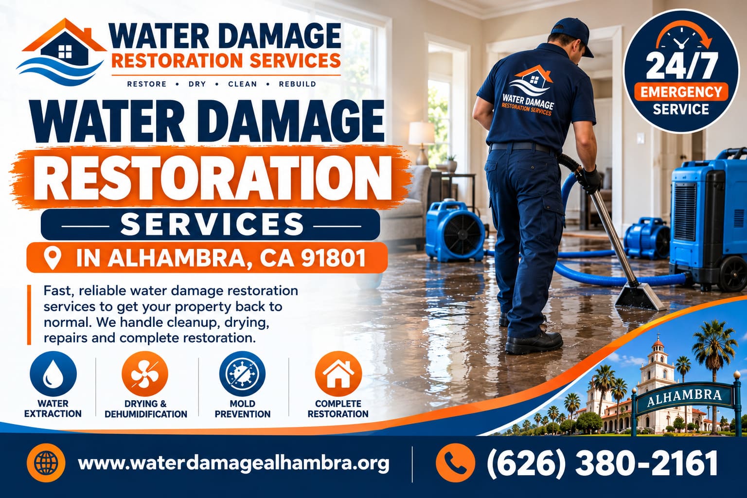 Structural drying and repair after water damage in Alhambra, CA 91801